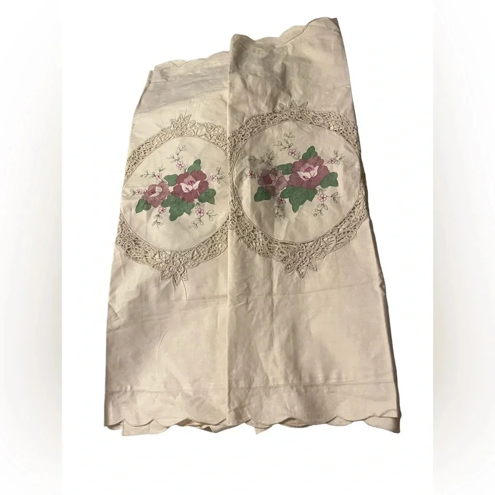 Battenberg Lace Handpainted Floral Square Pillow Shams Set of 2